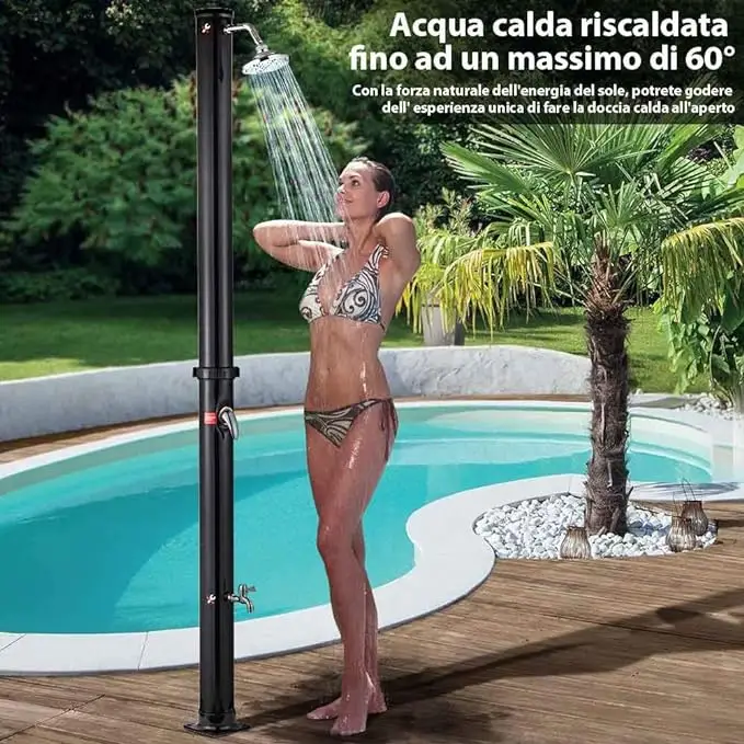 BAKAJI Ducha Solar para jardin Piscina Exterior Camping deposito de 35 litros con alcachofa Ajustable para Lavar pies Mezclador de Agua Caliente conexion Manguera de jardin