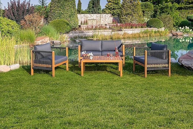 Greemotion Conjunto Muebles de Jardin Abaco Juego de Sofa Exterior de Madera de Acacia para 4 Personas Mesa Sofa 2 Sillones con Cojines Color Madera Gris Negro