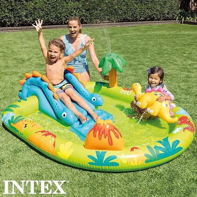 INTEX 57166 Piscina infantil hinchable con dispersor de agua y tobogan dinosaurio centro de juegos para ninos