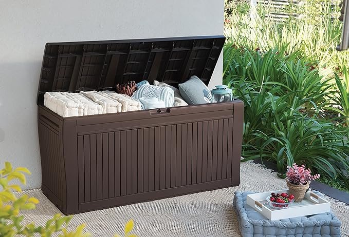 Keter Comfy Arcon exterior Baul almacenaje Capacidad 270L Resina Color marron Ordenacion jardin y terraza 44.7 x 116.7 x 57 cm