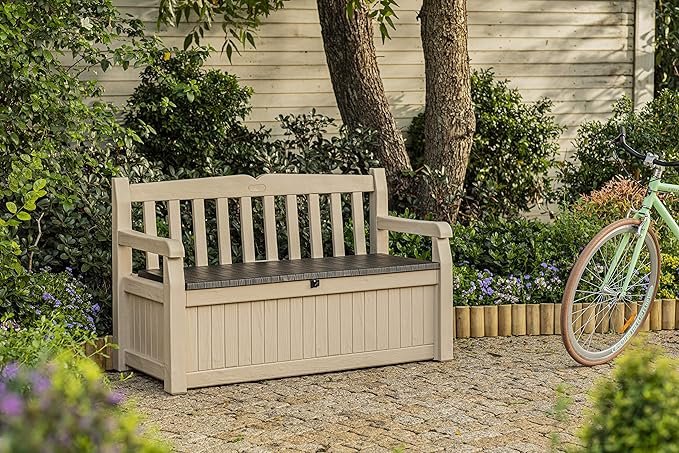 Keter Eden Banco arcon Exterior Baul almacenaje Capacidad 265L Resina Color Marron y Beige Ordenacion jardin y terraza 140 x 60 x 84 cm