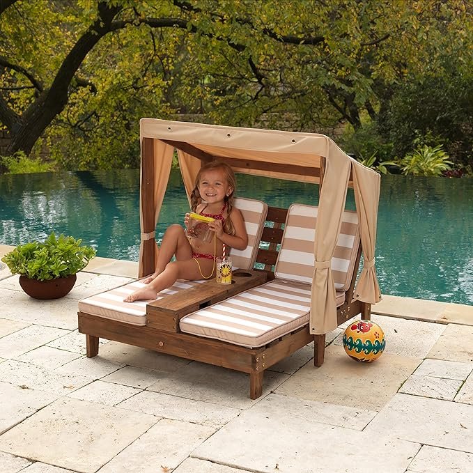 KidKraft Tumbona Doble de Jardin de Madera para ninos con cojin y toldo Muebles para jardin y Exterior al Aire Libre para ninos 00534