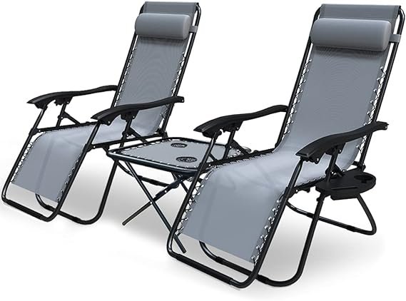VOUNOT Set de 2 Tumbona Jardin Exterior Plegable con Mesa Auxiliar Portavasos Silla Reclinable con Reposacabeza Extraible Carga Maxima 120KG Gris